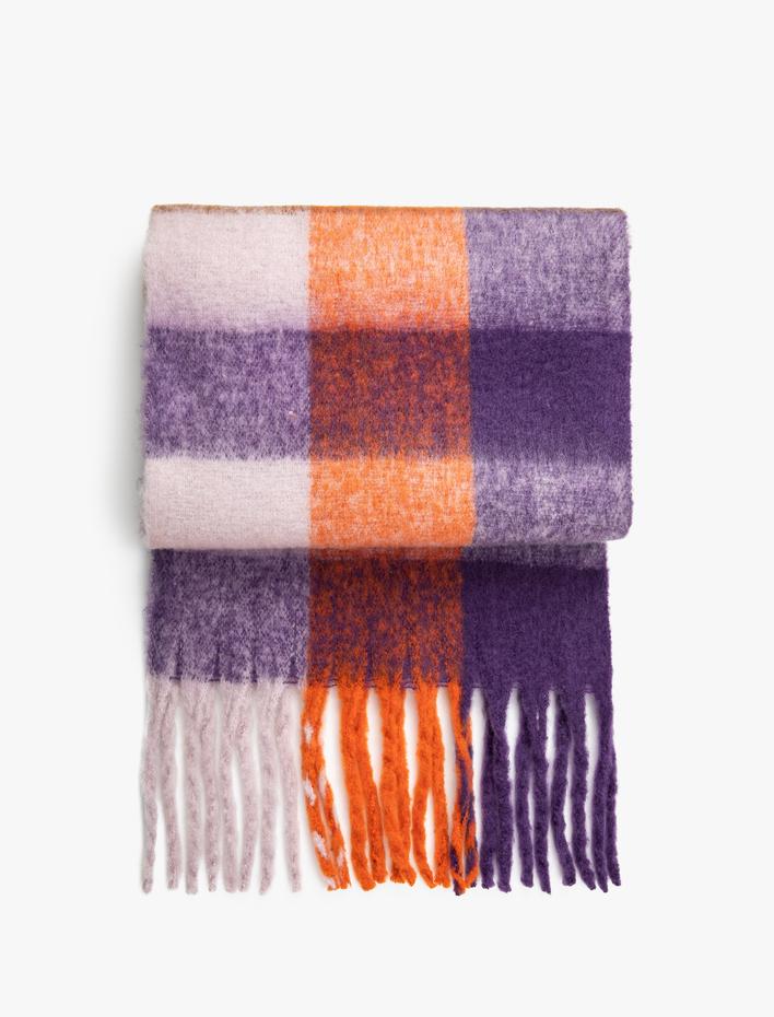 Kadın Atkı Püsküllü Yumuşak Dokulu Kareli