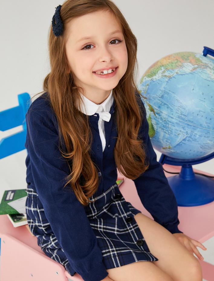 Kız Çocuk Basic Triko Hırka Yuvarlak Yaka Düğmeli Uzun Kollu