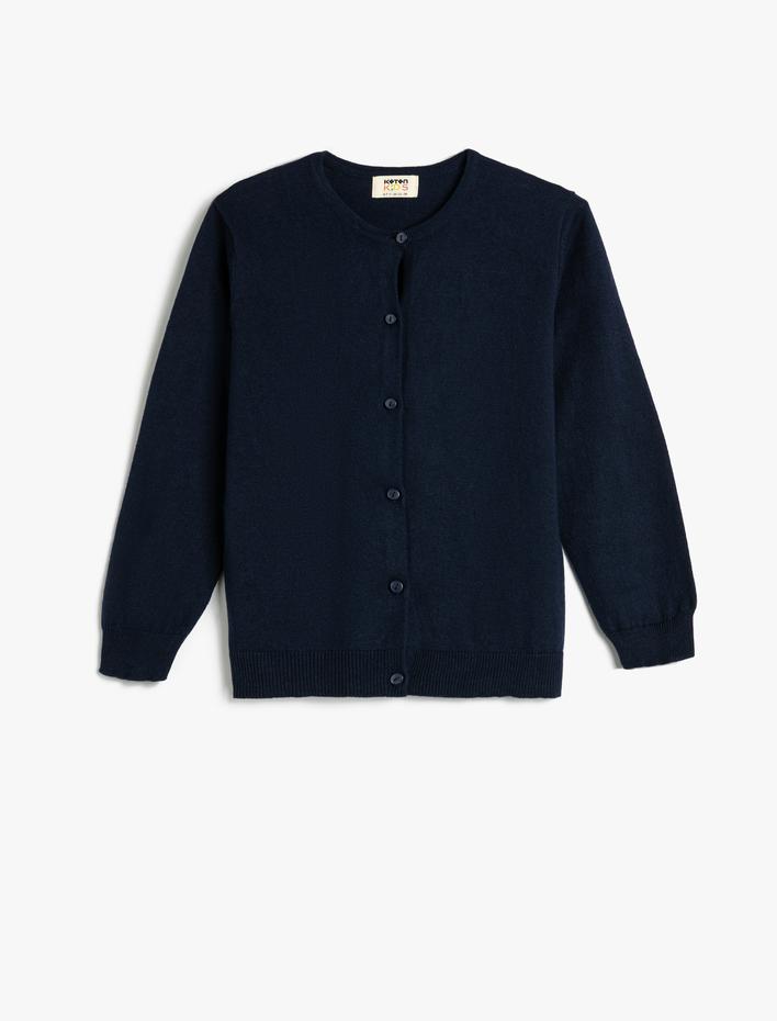 Kız Çocuk Basic Triko Hırka Yuvarlak Yaka Düğmeli Uzun Kollu