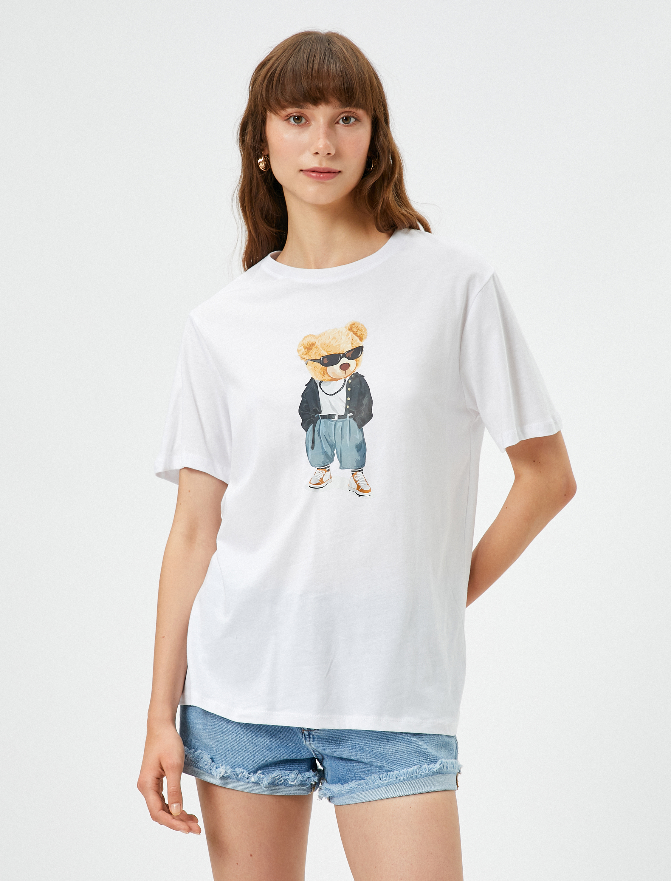   Ayıcık Baskılı Tişört Pamuklu Kısa Kollu