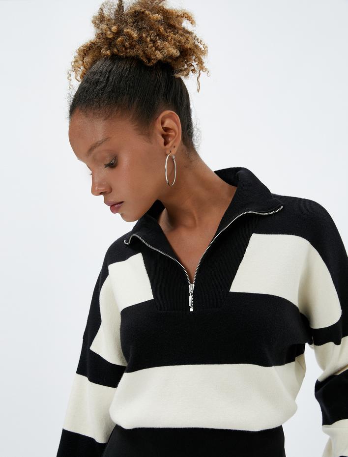  Yarım Fermuarlı Dik Yaka Triko Kazak Uzun Kollu