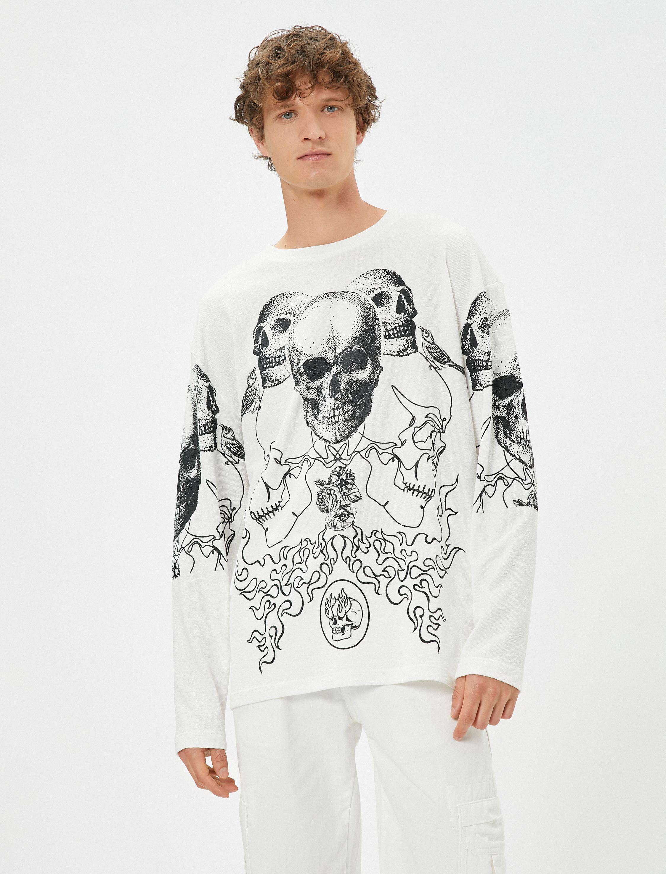   Kuru Kafa Baskılı Kazak Bisiklet Yaka Uzun Kollu