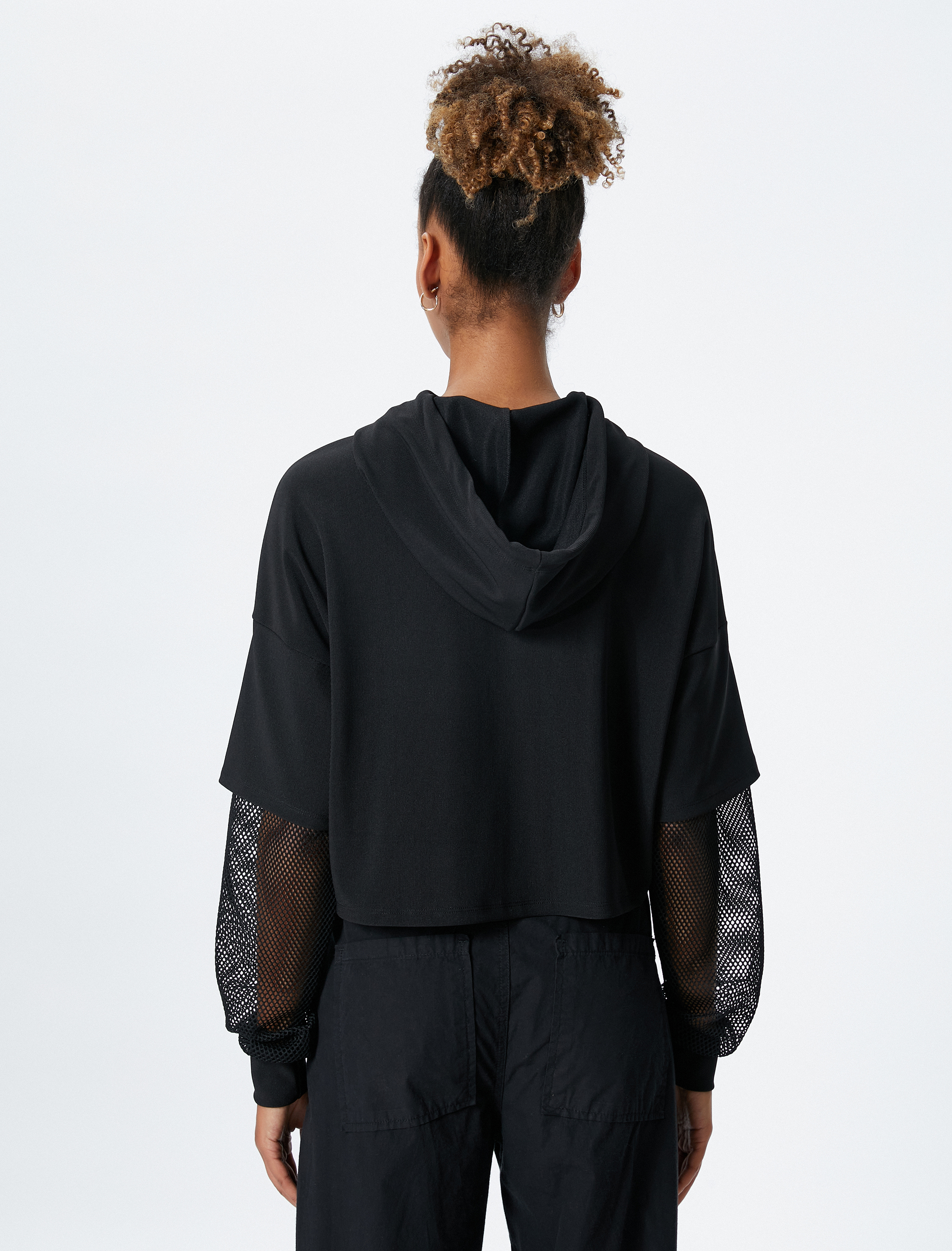   Kapüşonlu Sweatshirt Crop Rahat Kesim File Detaylı Uzun Kollu