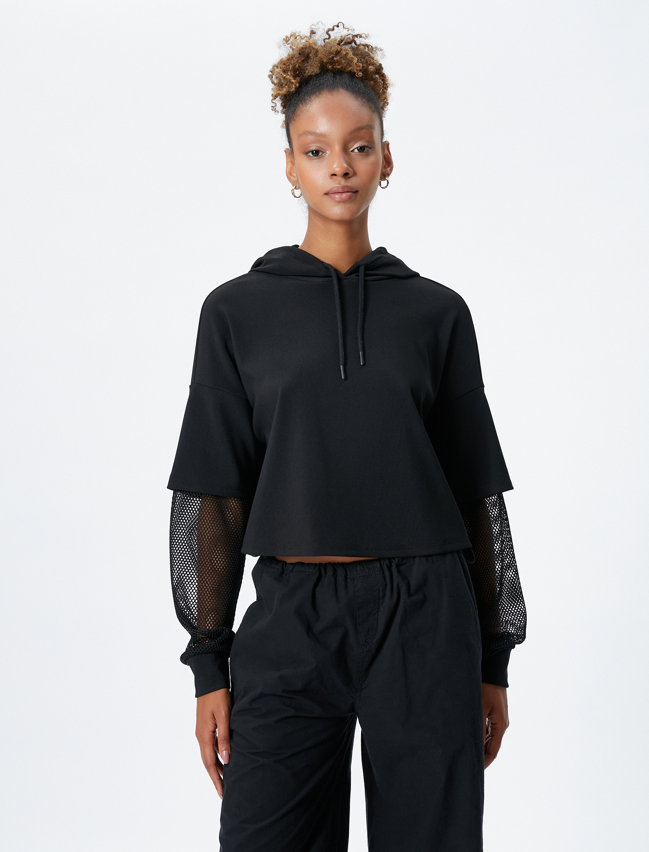   Kapüşonlu Sweatshirt Crop Rahat Kesim File Detaylı Uzun Kollu