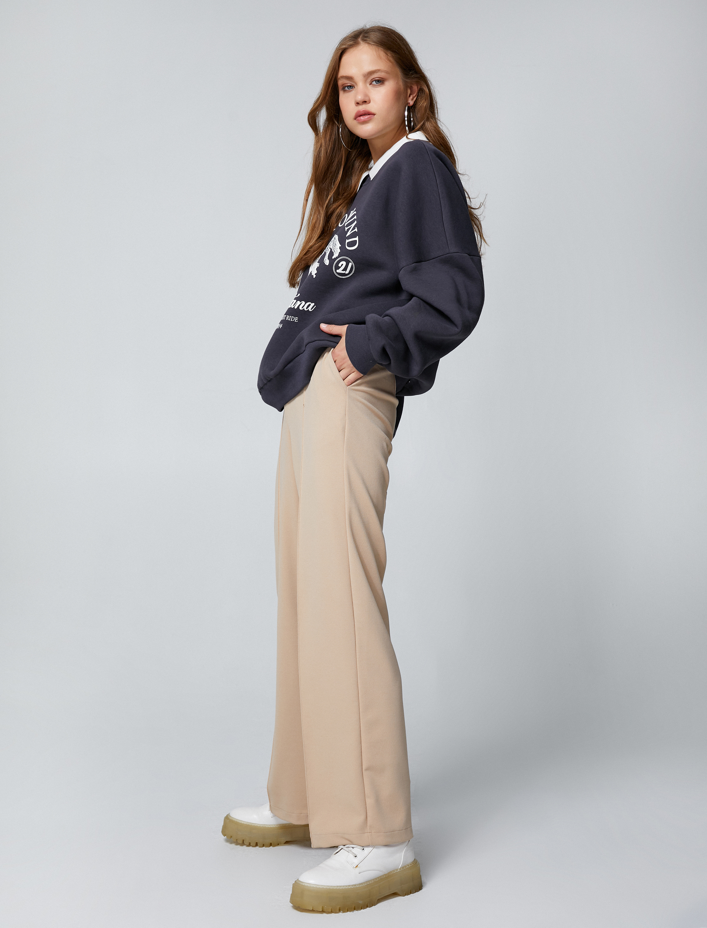   Şardonlu Kolej Sweatshirt Polo Yaka Baskılı Uzun Kollu Rahat Kesim