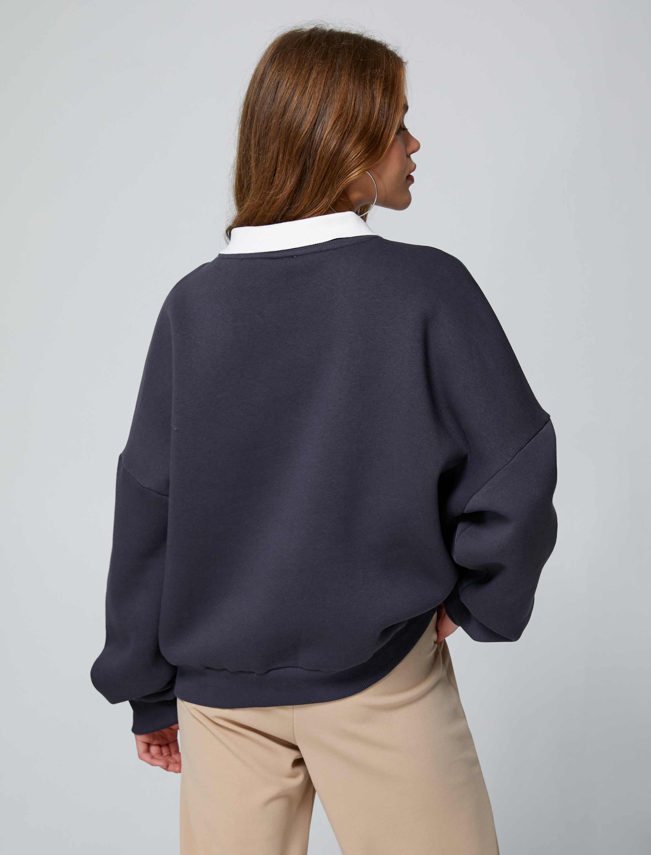   Şardonlu Kolej Sweatshirt Polo Yaka Baskılı Uzun Kollu Rahat Kesim