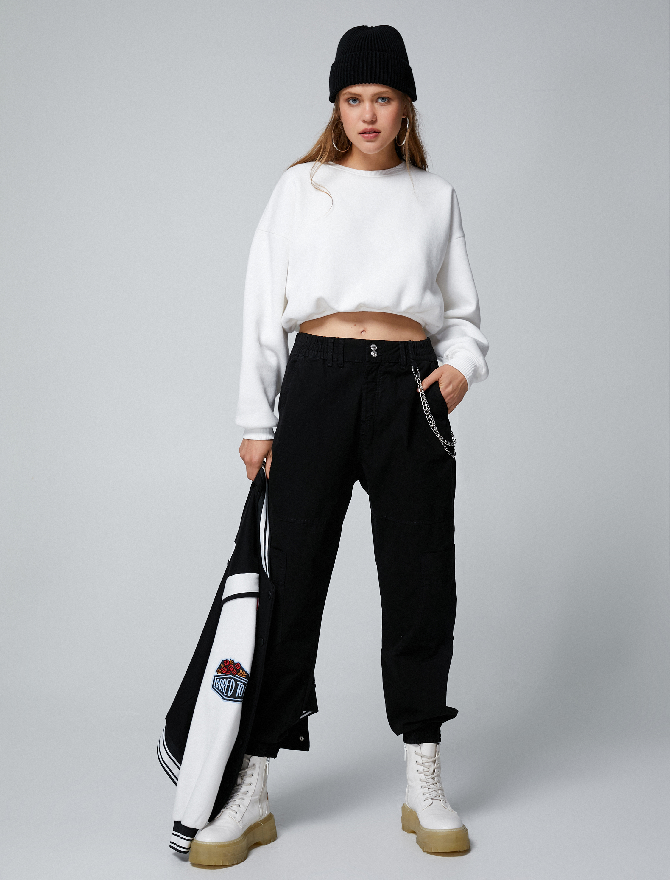   Jogger Gabardin Pantolon Zincir Detaylı Cepli Beli Lastikli