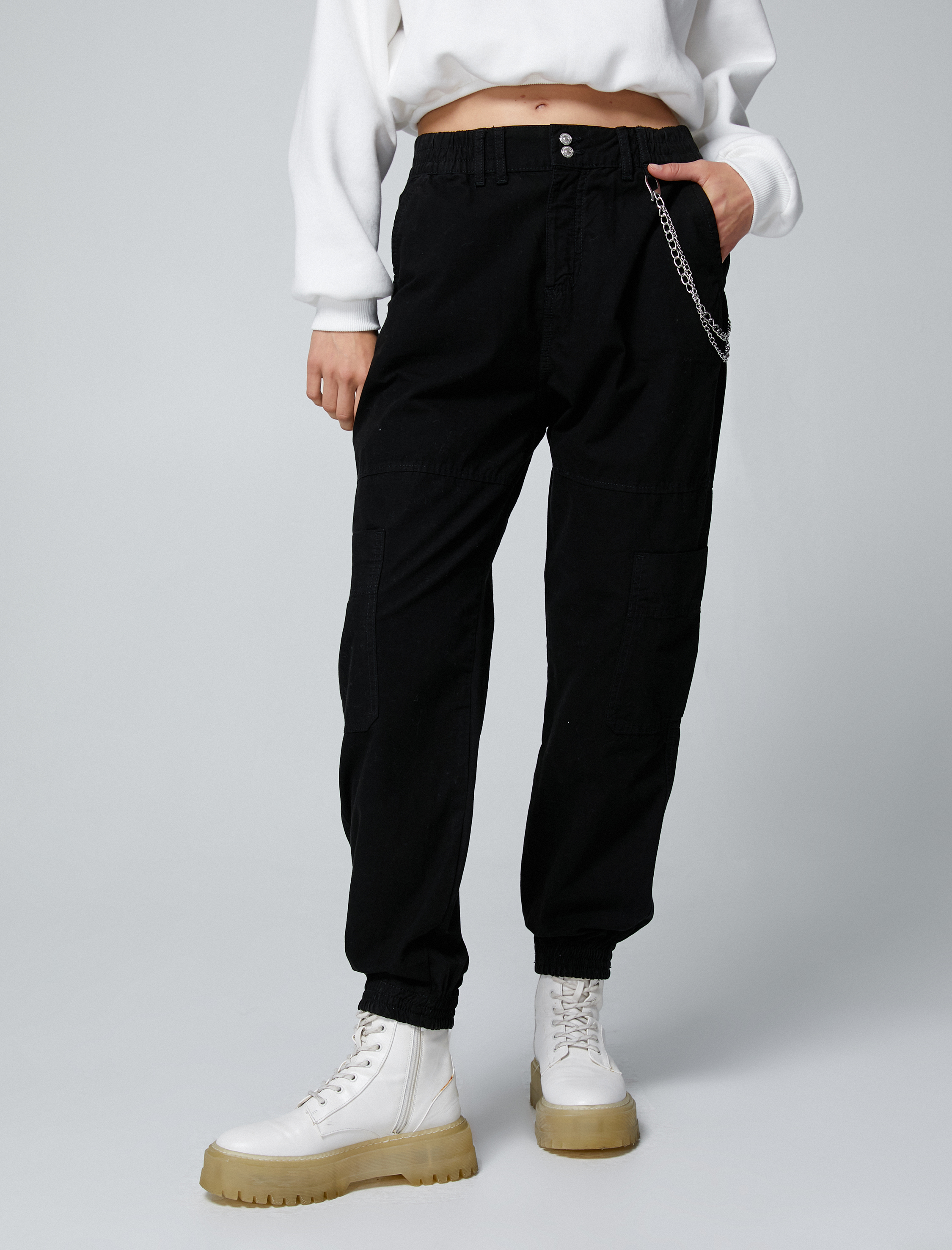   Jogger Gabardin Pantolon Zincir Detaylı Cepli Beli Lastikli