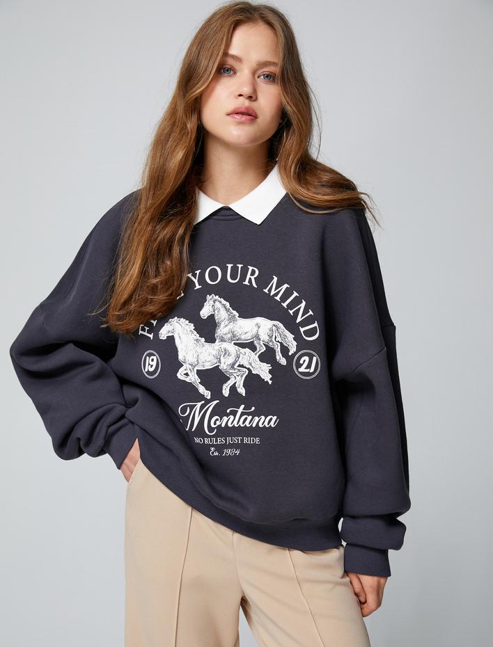  Şardonlu Kolej Sweatshirt Polo Yaka Baskılı Uzun Kollu Rahat Kesim