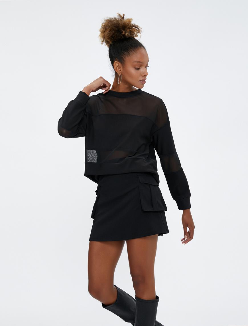   Bisiklet Yaka Sweatshirt Transparan Detaylı Uzun Kollu