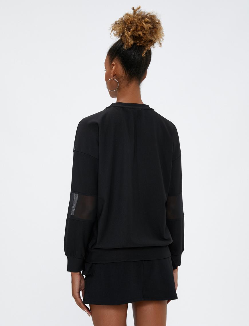   Bisiklet Yaka Sweatshirt Transparan Detaylı Uzun Kollu