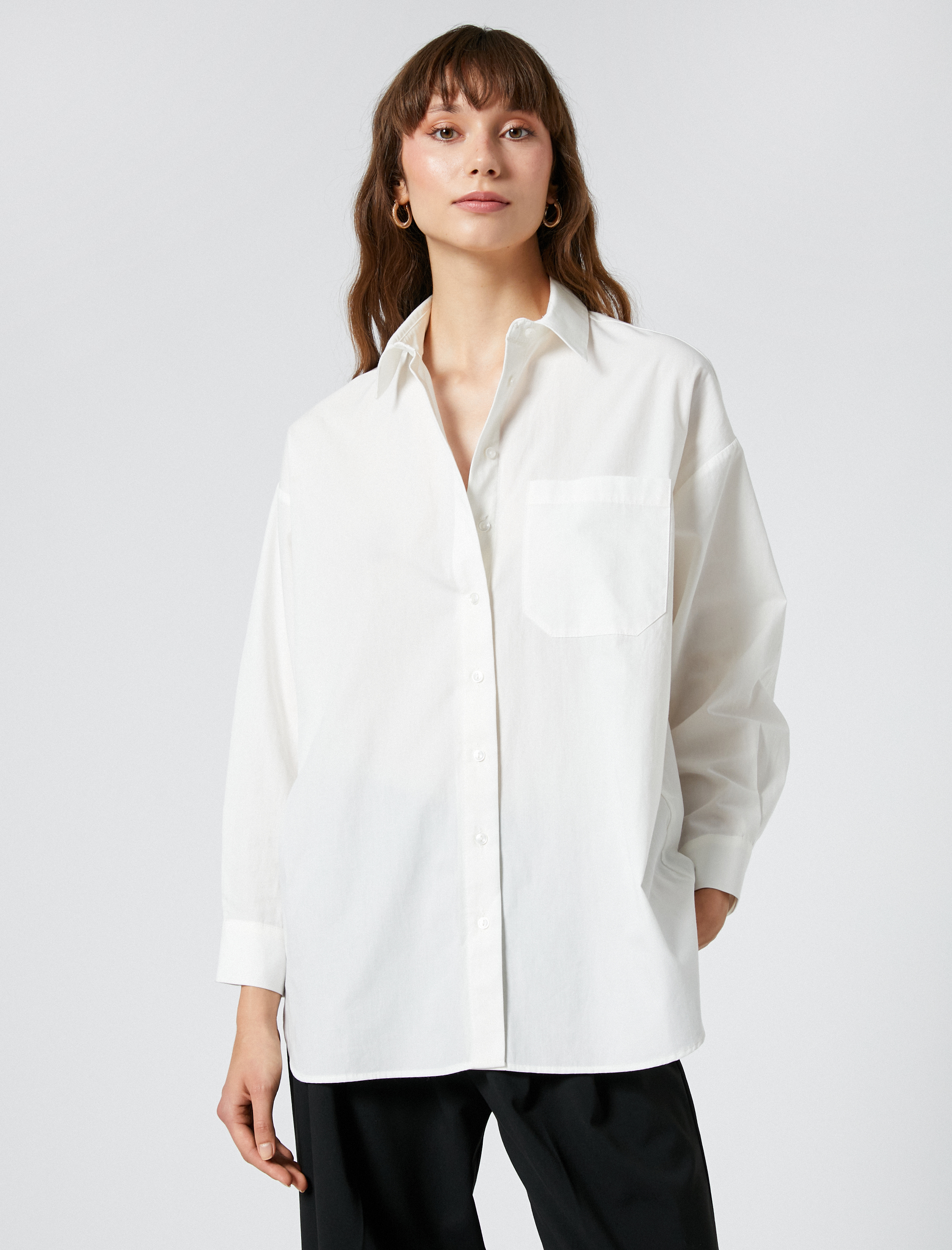   Oversize Gömlek Uzun Kollu Cep Detaylı Düğmeli Pamuklu