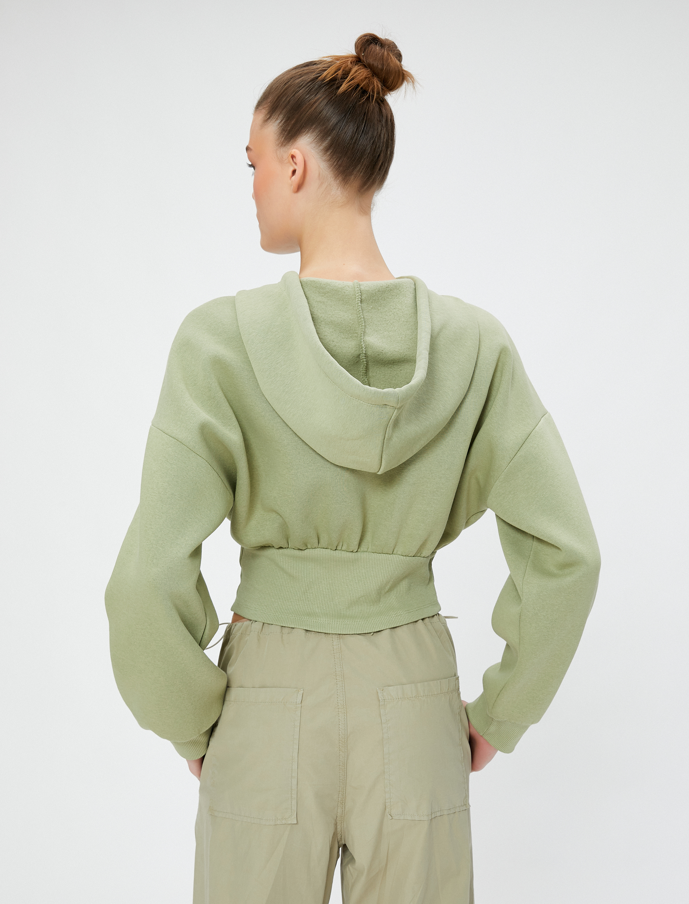   Şardonlu Crop Sweatshirt Kapüşonlu Slim Fit Baskılı Korse Görünümlü