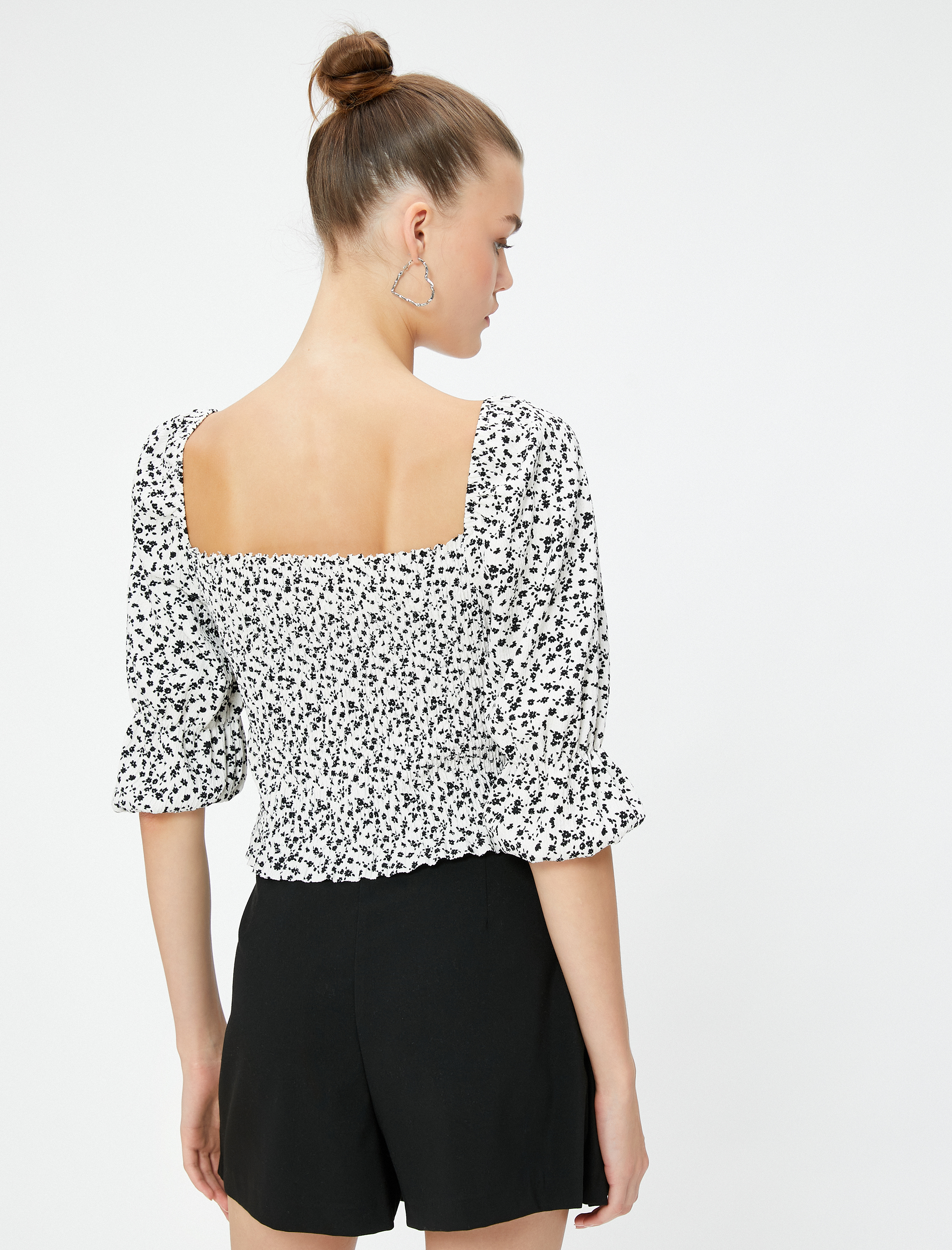   Çiçekli Bluz Balon Kollu Kare Yaka Gipeli Slim Fit Bürümcük