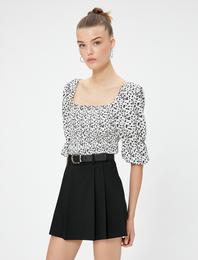 Çiçekli Bluz Balon Kollu Kare Yaka Gipeli Slim Fit Bürümcük
