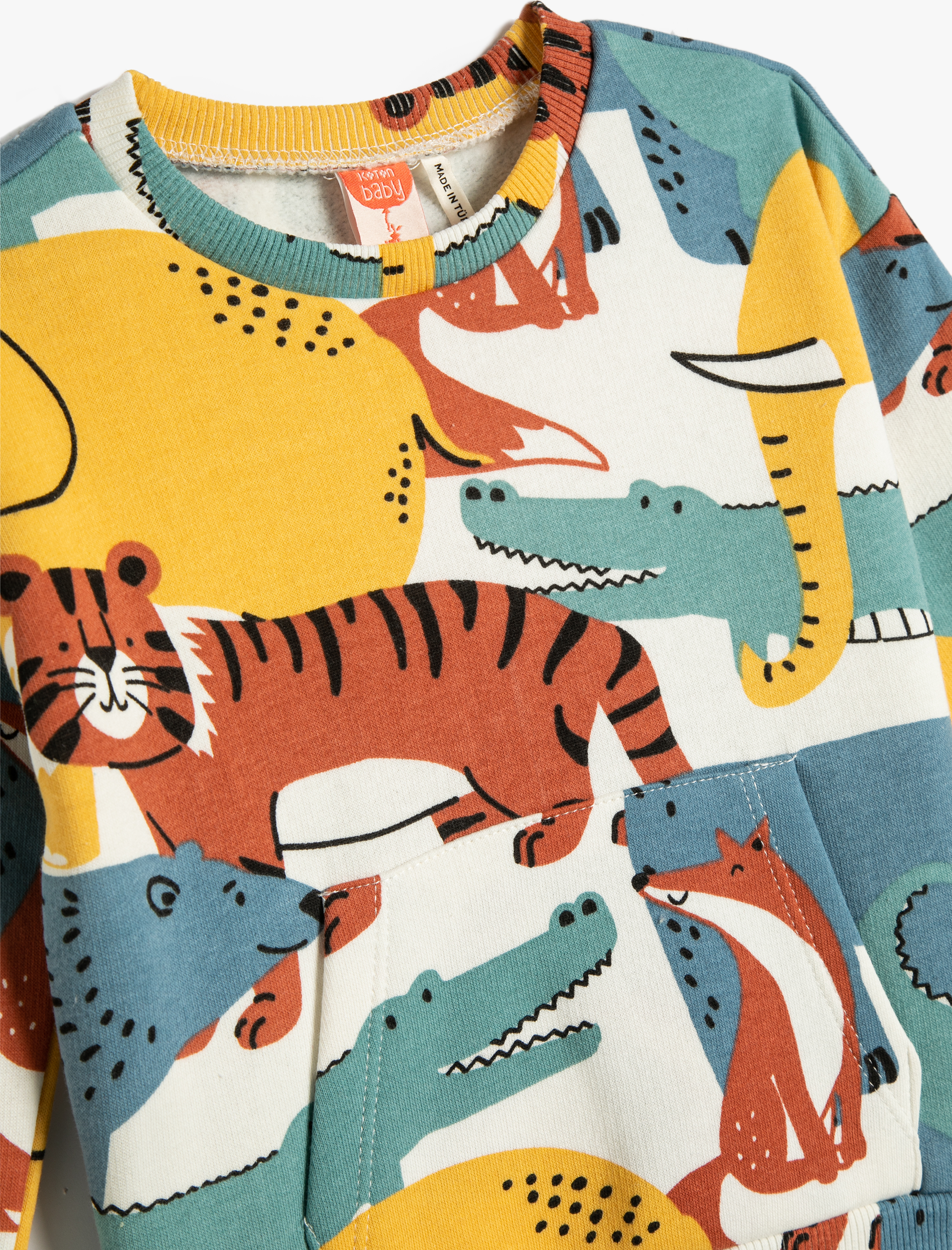  Erkek Bebek Sweatshirt Hayvanlar Baskılı Şardonlu Uzun Kollu Bisiklet Yaka Pamuklu