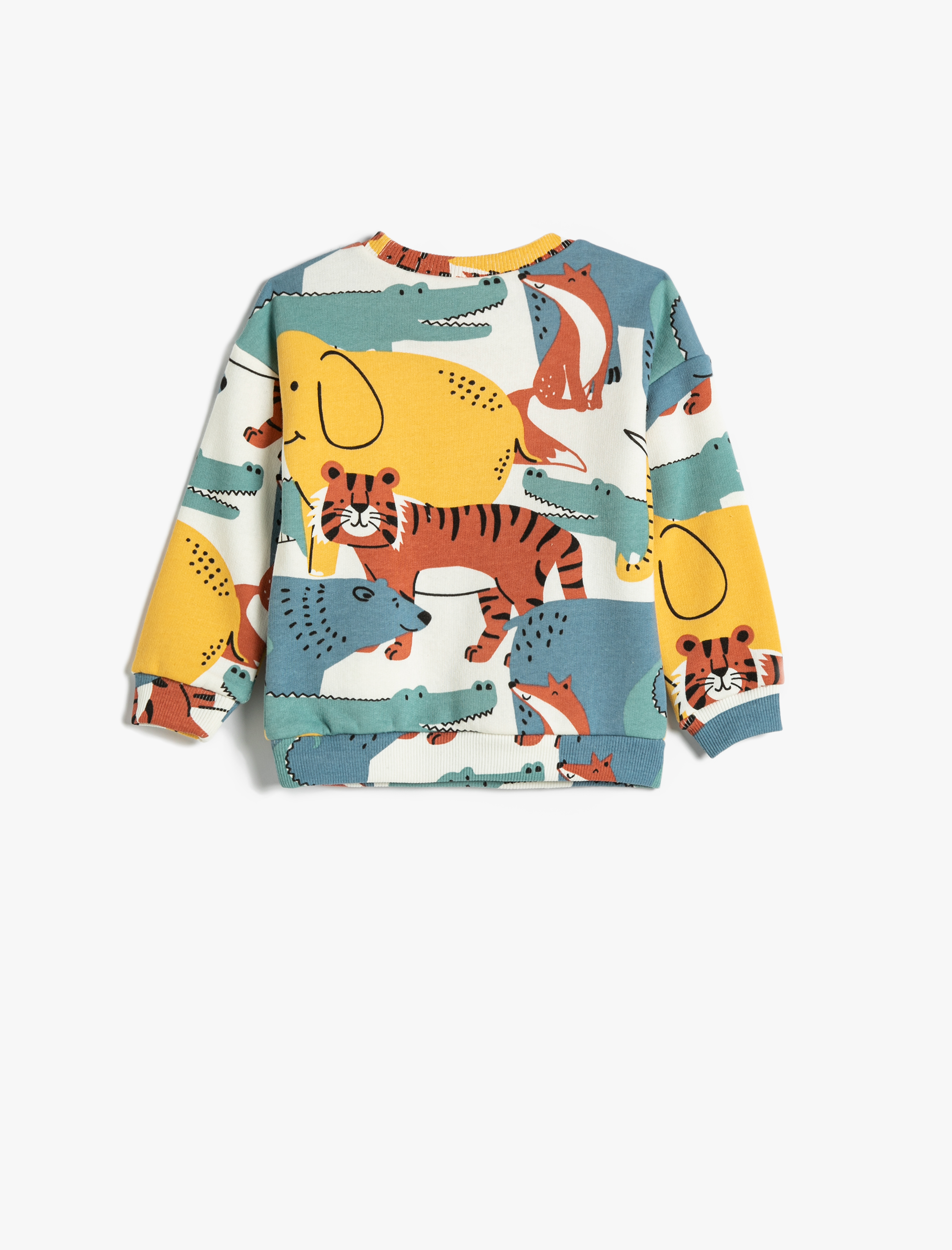  Erkek Bebek Sweatshirt Hayvanlar Baskılı Şardonlu Uzun Kollu Bisiklet Yaka Pamuklu