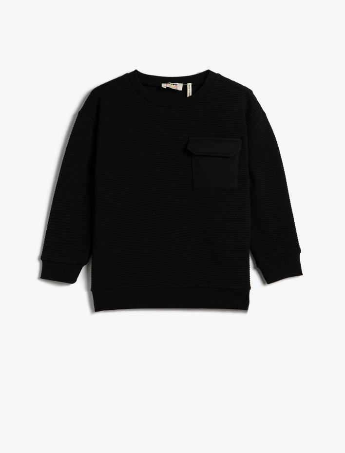 Erkek Çocuk Basic Sweatshirt Cep Detaylı Dokulu Bisiklet Yaka Uzun Kollu Pamuklu