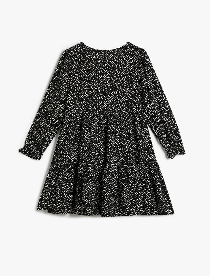 Kız Çocuk Uzun Kollu Midi Elbise Puantiyeli Yuvarlak Yaka Manşetleri Lastikli