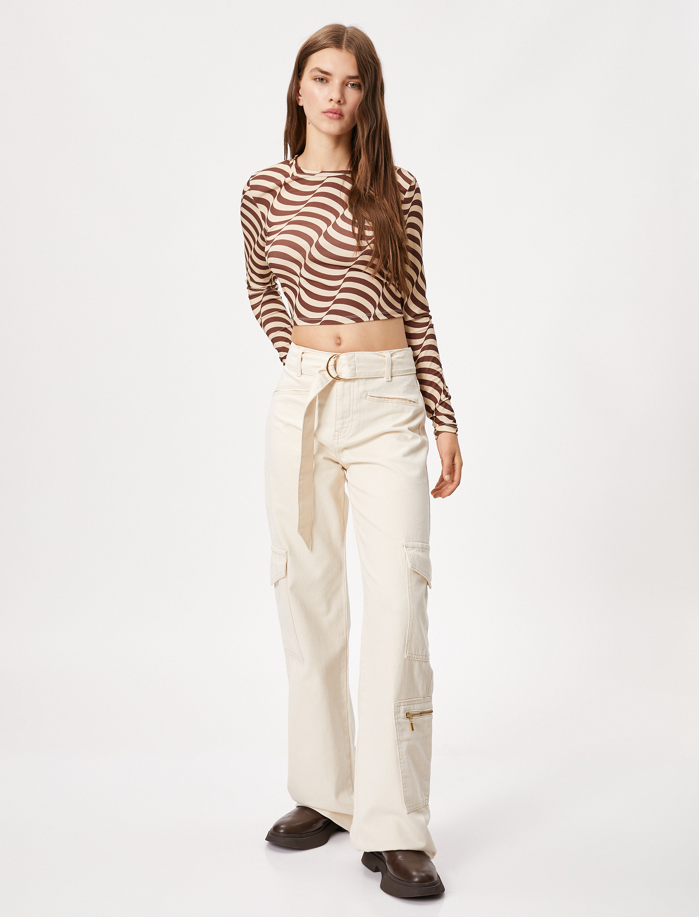   Kargo Kot Pantolon Geniş Paça Yüksek Bel Kemer Detaylı Cepli - Nora Jean