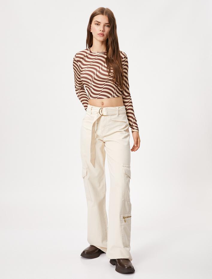  Kargo Kot Pantolon Geniş Paça Yüksek Bel Kemer Detaylı Cepli - Nora Jean