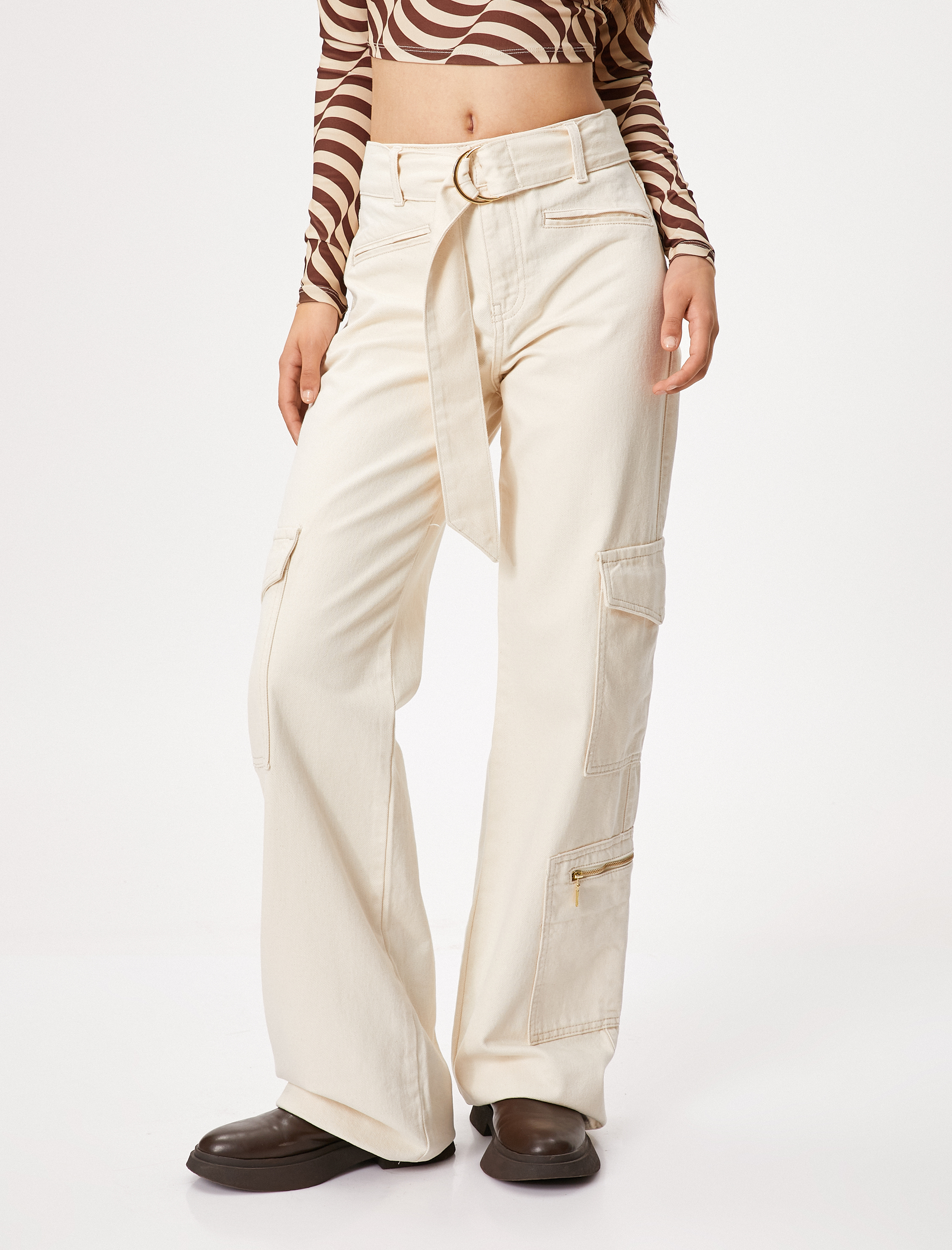   Kargo Kot Pantolon Geniş Paça Yüksek Bel Kemer Detaylı Cepli - Nora Jean