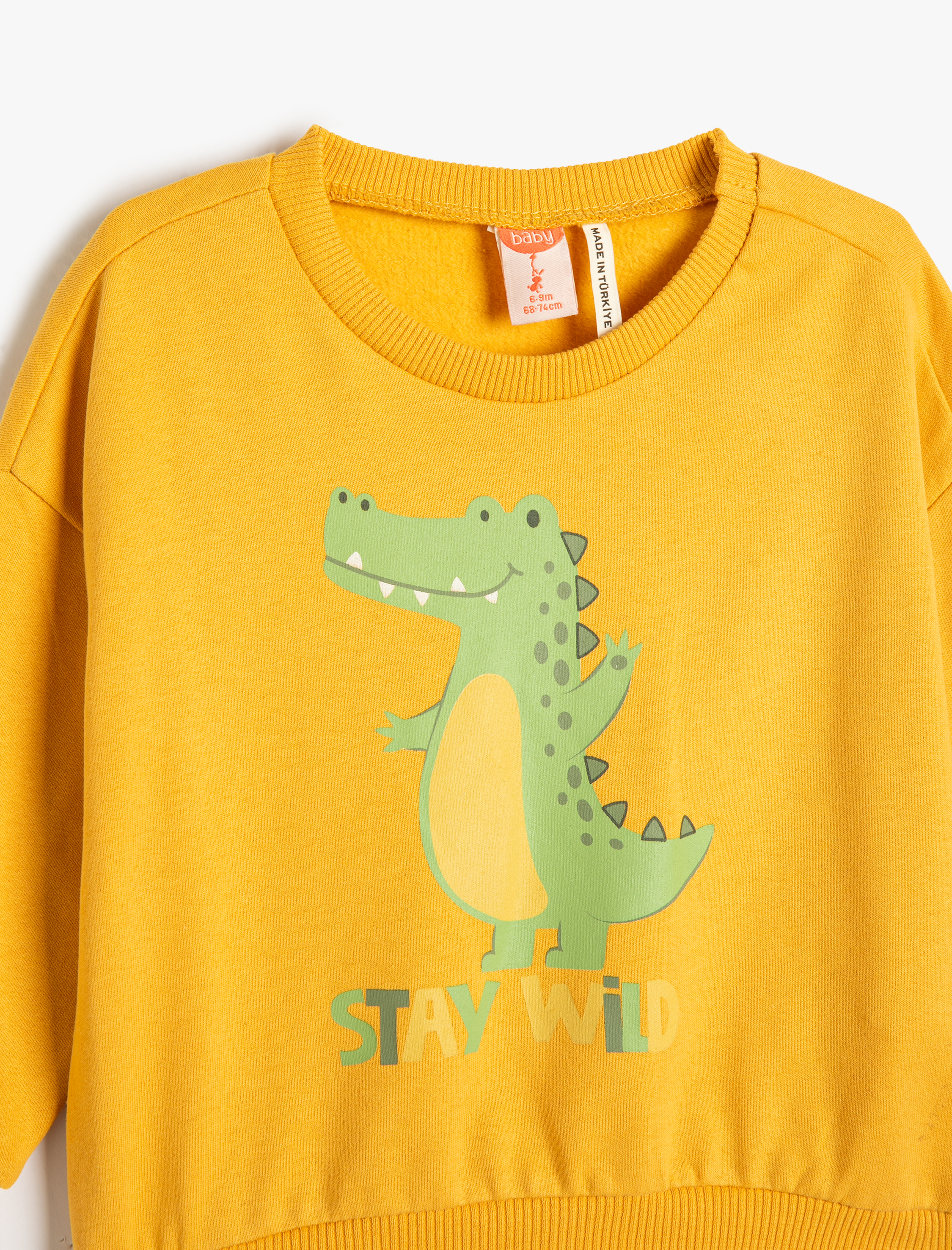  Erkek Bebek Dinozor Baskılı Uzun Kollu Bisiklet Yaka Şardonlu Pamuklu