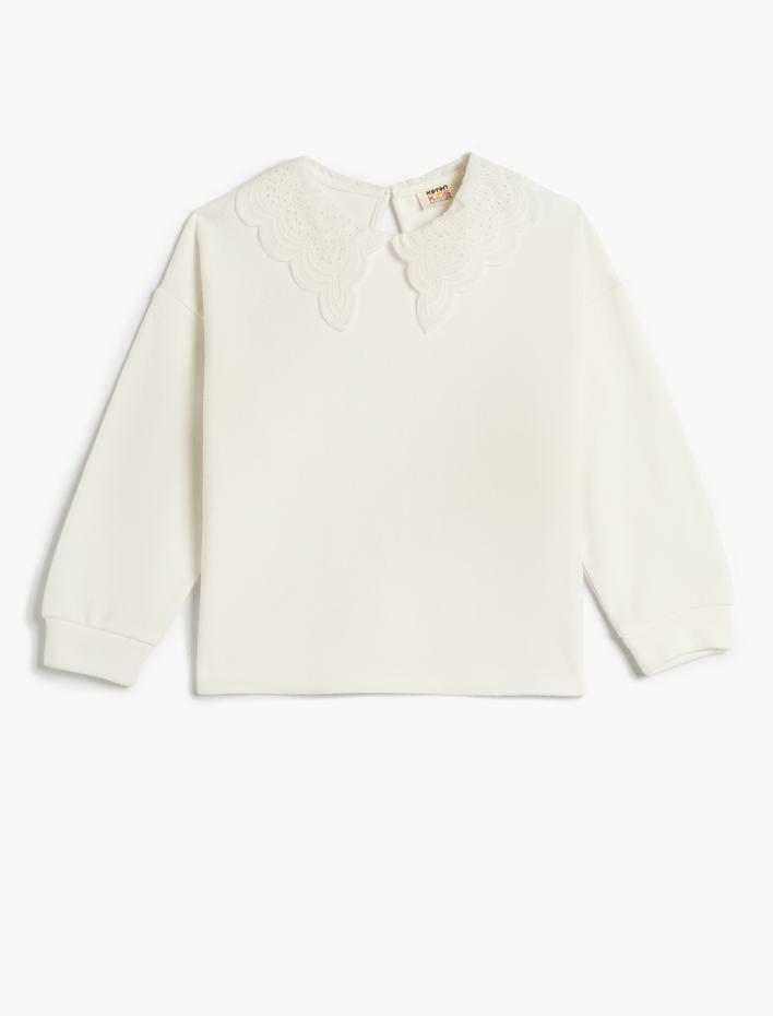 Kız Çocuk Sweatshirt Dantelli Geniş Yaka Detaylı Yumuşak Dokulu Uzun Kollu