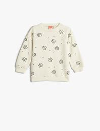 Çiçekli Sweatshirt Uzun Kollu Bisiklet Yaka Pamuklu Şardonlu