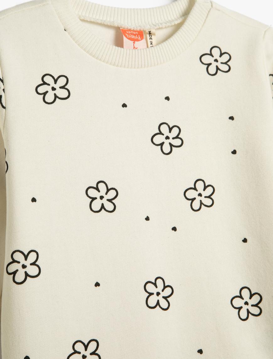  Kız Bebek Çiçekli Sweatshirt Uzun Kollu Bisiklet Yaka Pamuklu Şardonlu