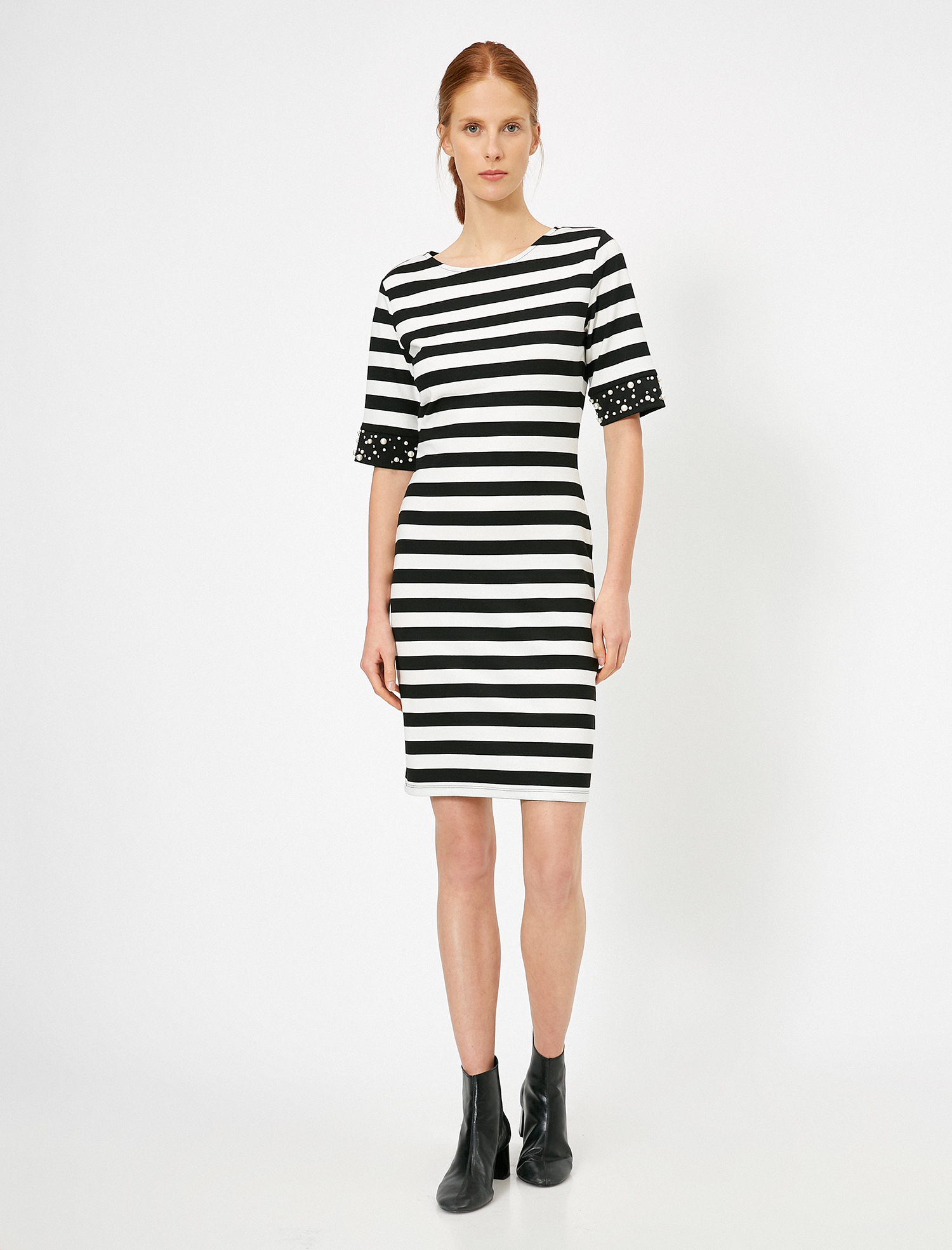   İnci Detaylı Çizgili Elbise