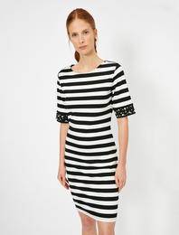 İnci Detaylı Çizgili Elbise