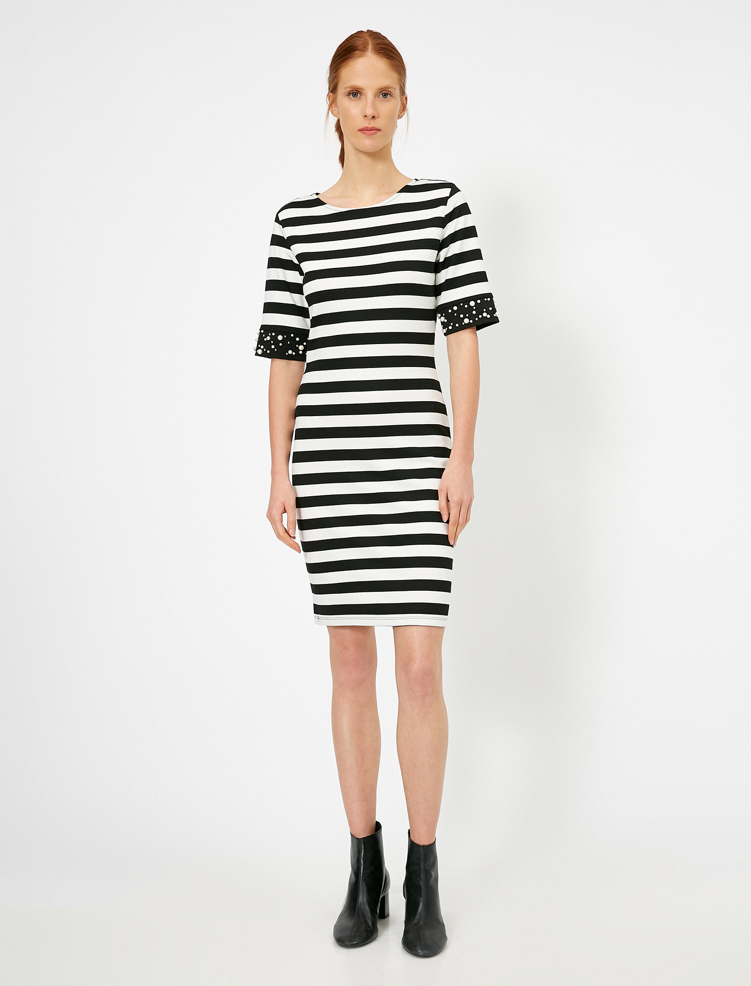   İnci Detaylı Çizgili Elbise