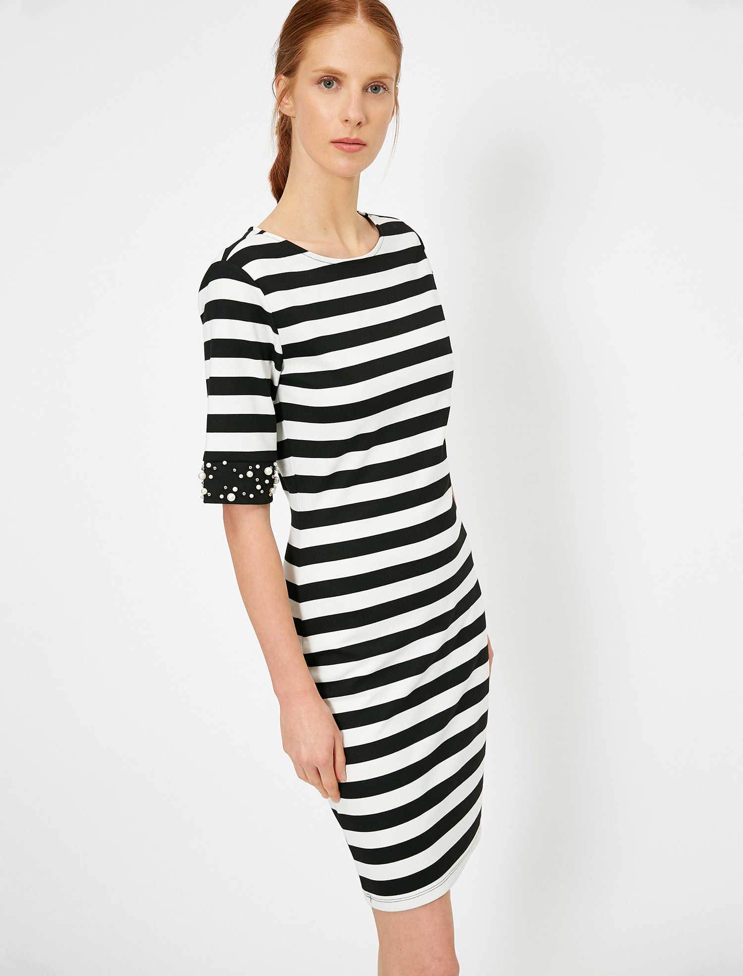   İnci Detaylı Çizgili Elbise