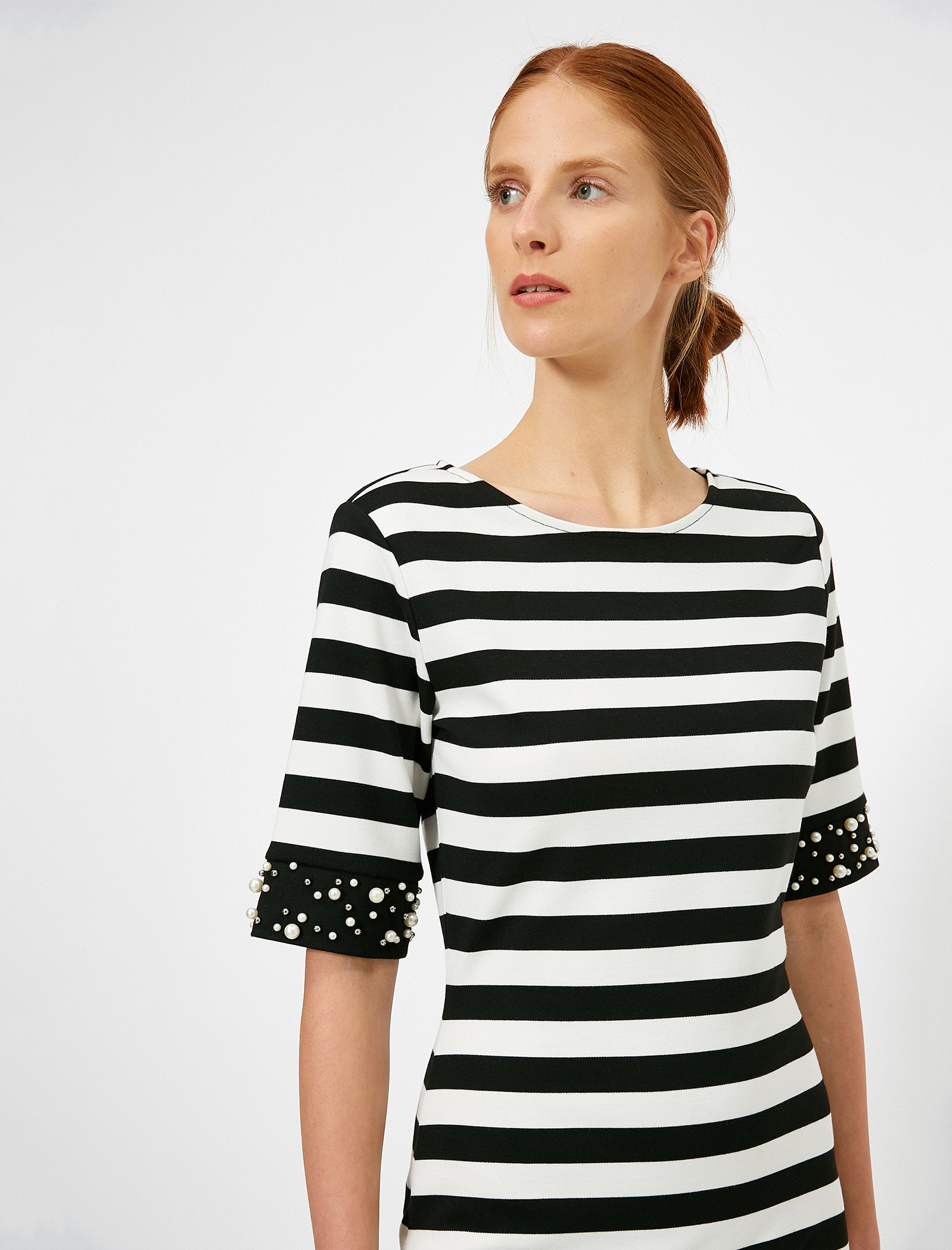   İnci Detaylı Çizgili Elbise