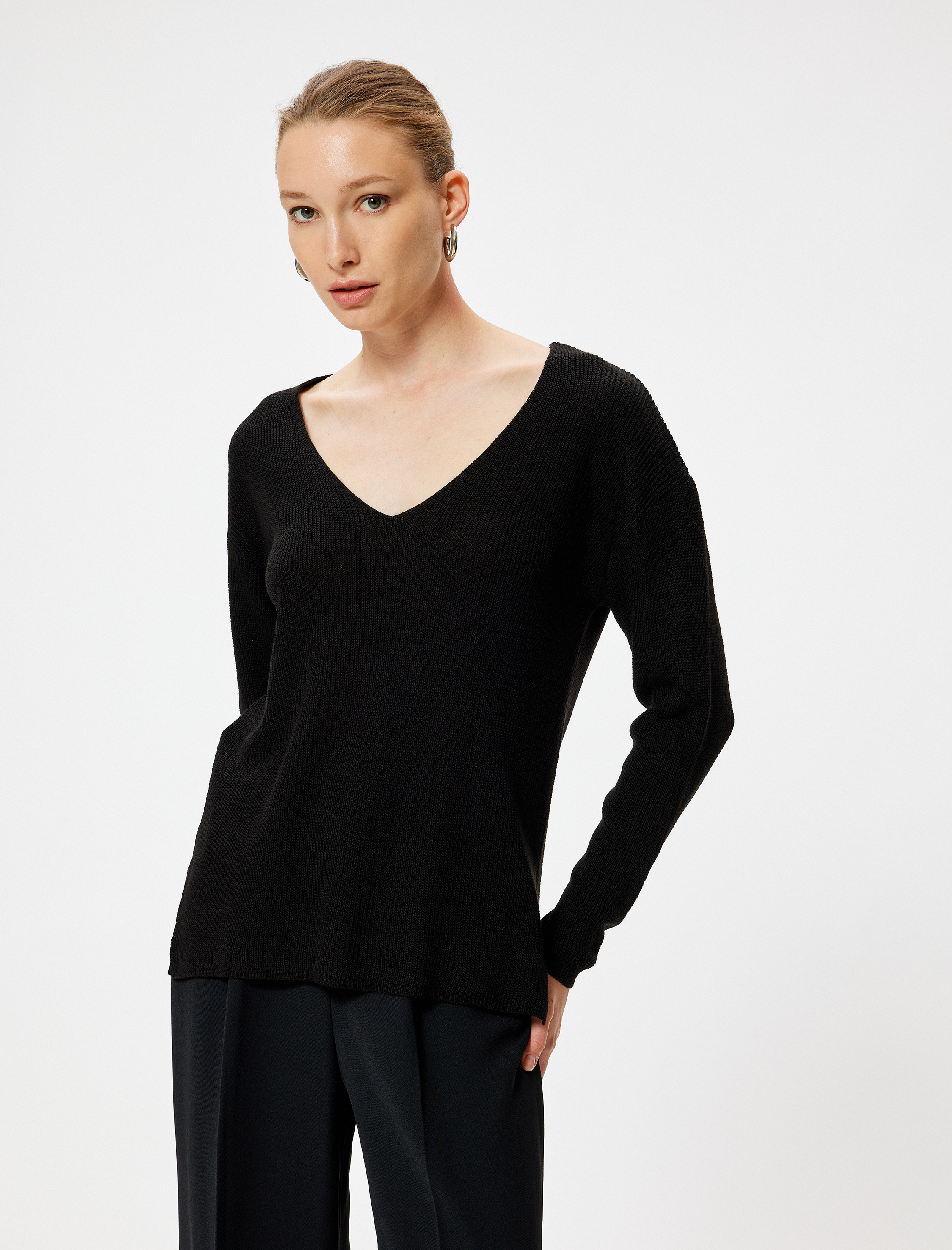 V Yaka Triko Kazak Kalça Boy Uzun Kollu Fitilli