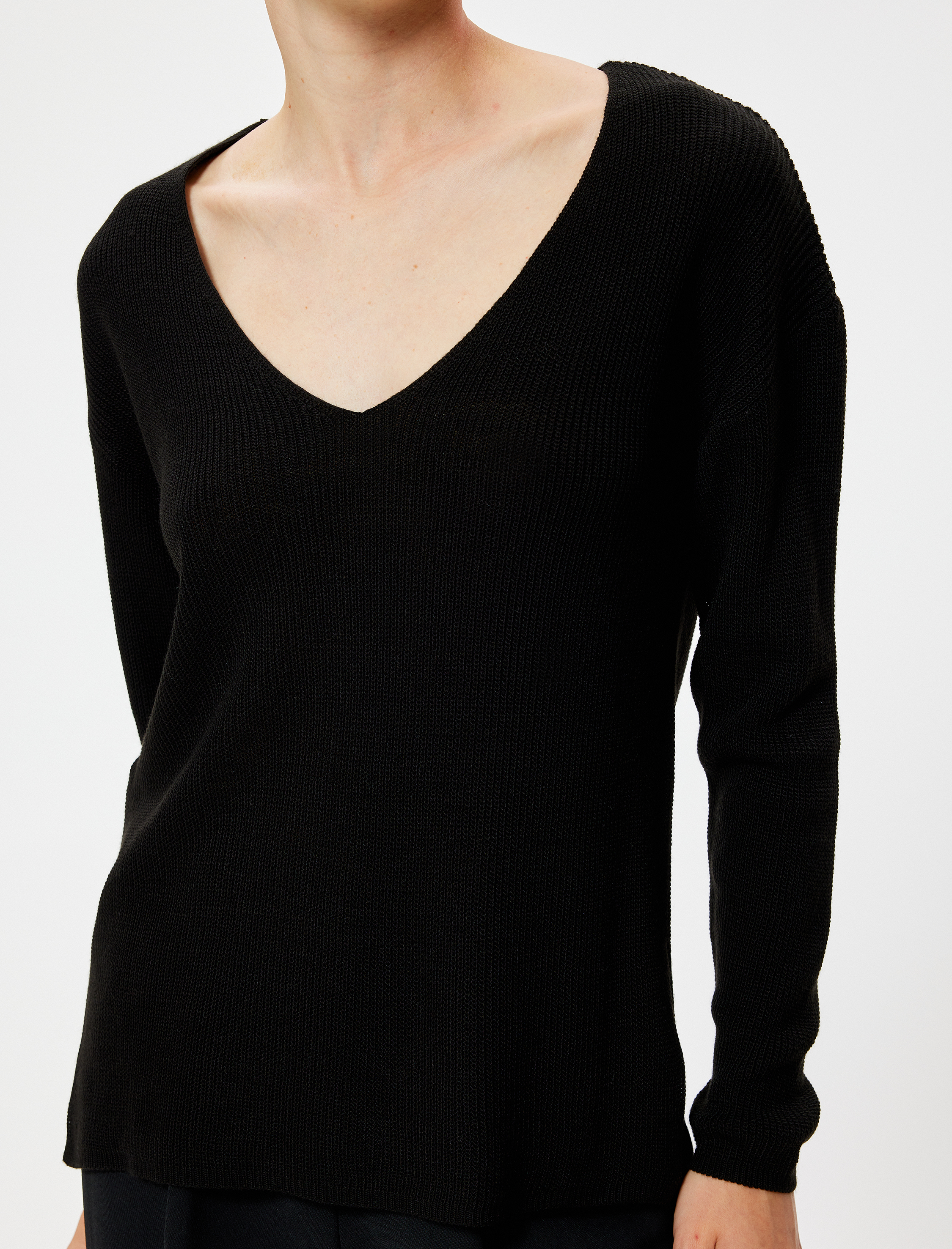 V Yaka Triko Kazak Kalça Boy Uzun Kollu Fitilli