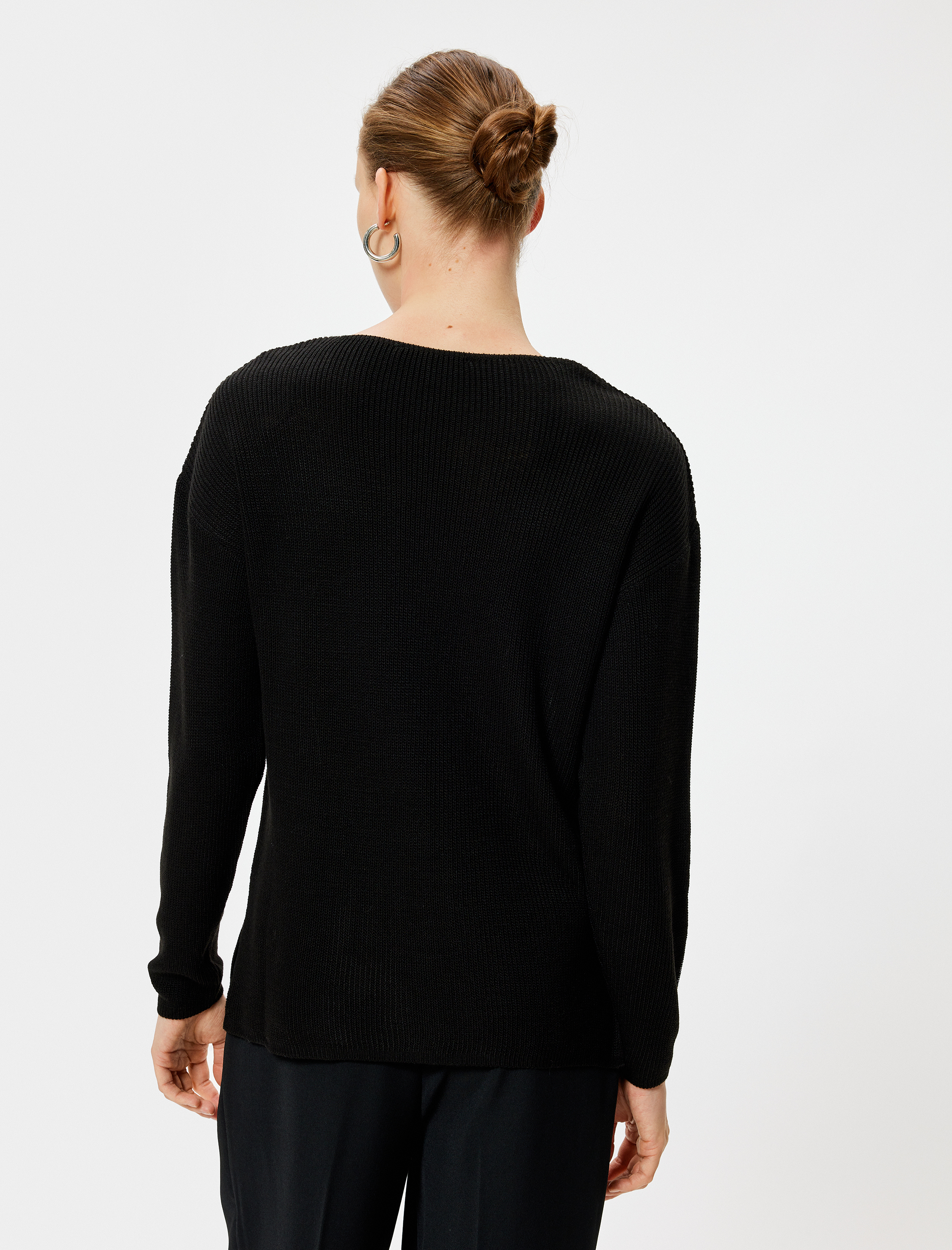 V Yaka Triko Kazak Kalça Boy Uzun Kollu Fitilli