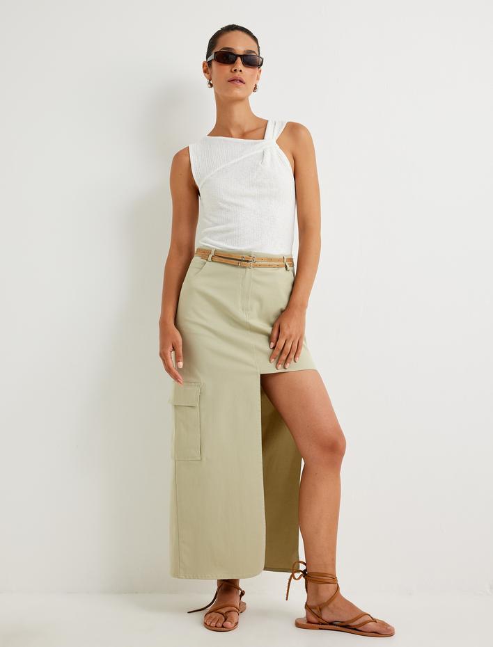  Koton X Sima Tarkan - Asimetrik Yaka Üst Kolsuz Düğüm Detaylı Dokulu Slim Fit