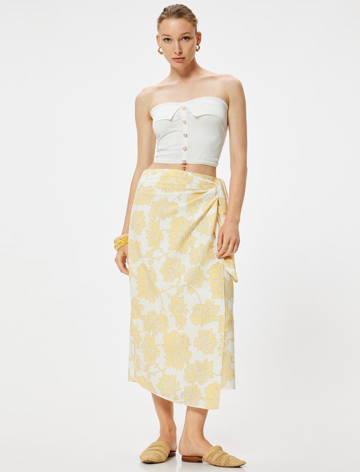  Koton X Melis Ağazat - Çiçekli Midi Boy Kruvaze Etek Yandan Bağlamalı Viskon Kumaş