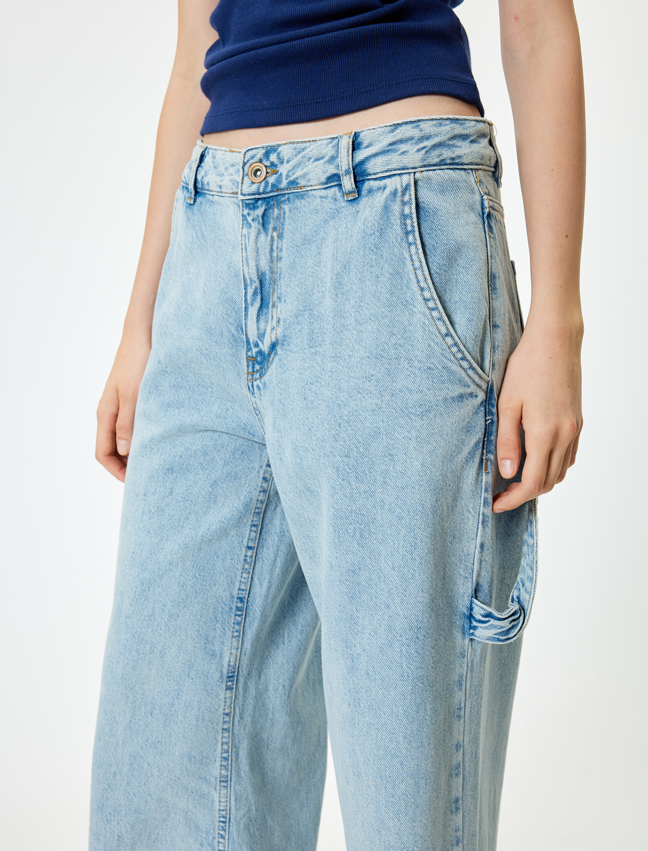   Bol Paça Kot Pantolon Cep Detaylı Düğmeli Pamuklu - Loose Straight Fit Jeans