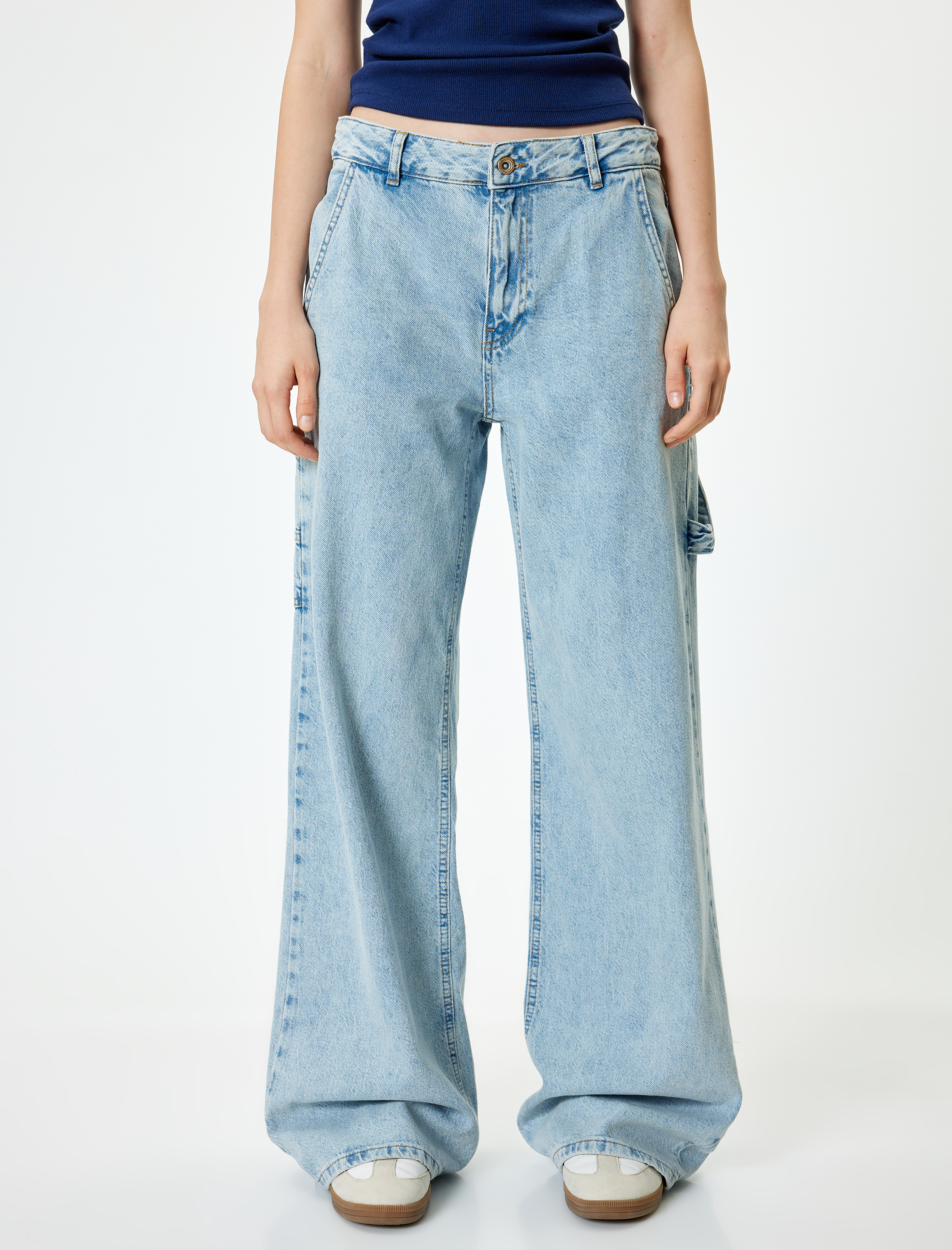   Bol Paça Kot Pantolon Cep Detaylı Düğmeli Pamuklu - Loose Straight Fit Jeans