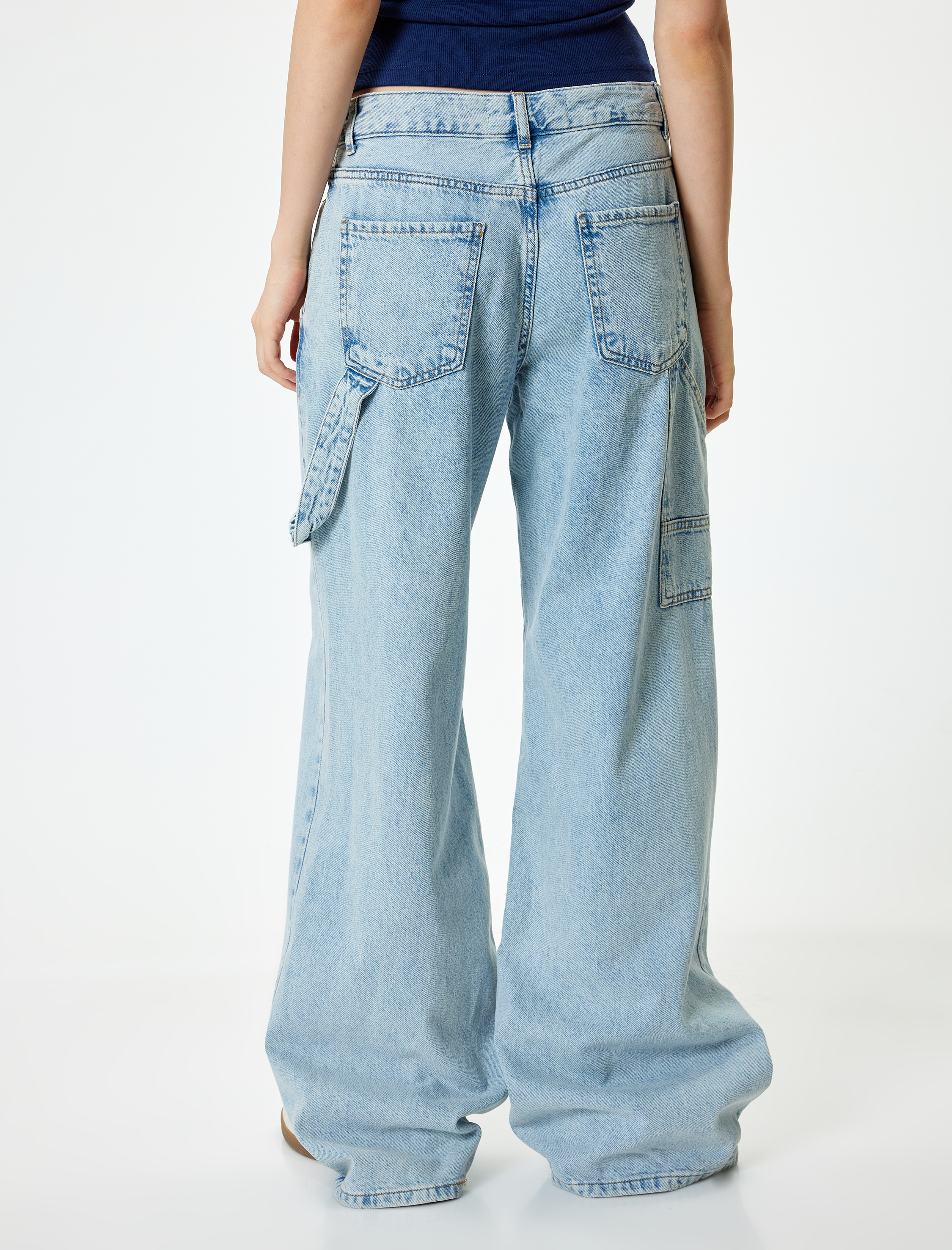   Bol Paça Kot Pantolon Cep Detaylı Düğmeli Pamuklu - Loose Straight Fit Jeans