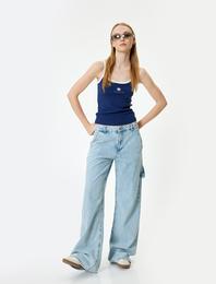 Bol Paça Kot Pantolon Cep Detaylı Düğmeli Pamuklu - Loose Straight Fit Jeans