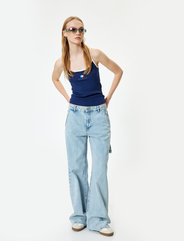  Bol Paça Kot Pantolon Cep Detaylı Düğmeli Pamuklu - Loose Straight Fit Jeans