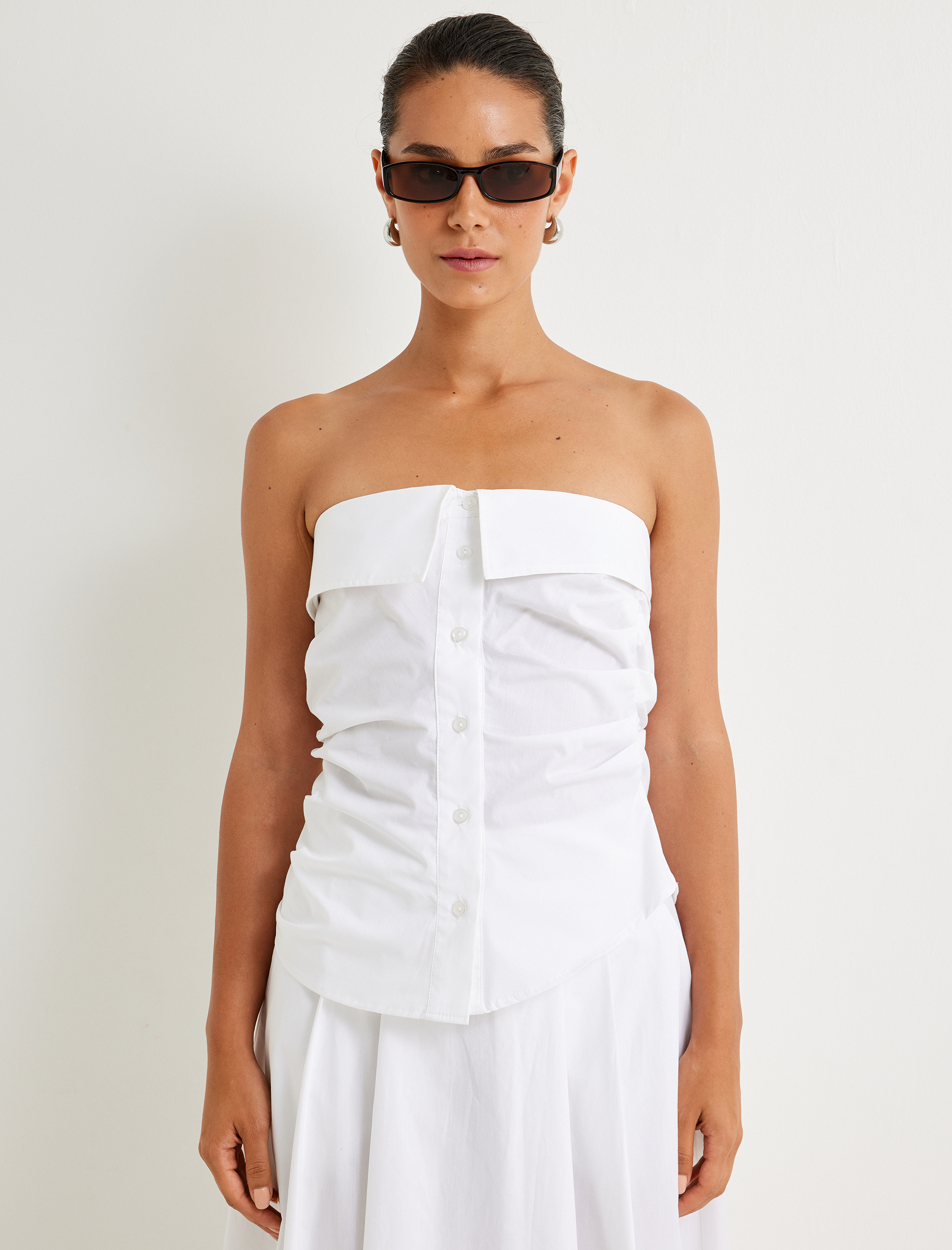   Poplin Straplez Üst Kat Detaylı Düğmeli Pamuklu Slim Fit