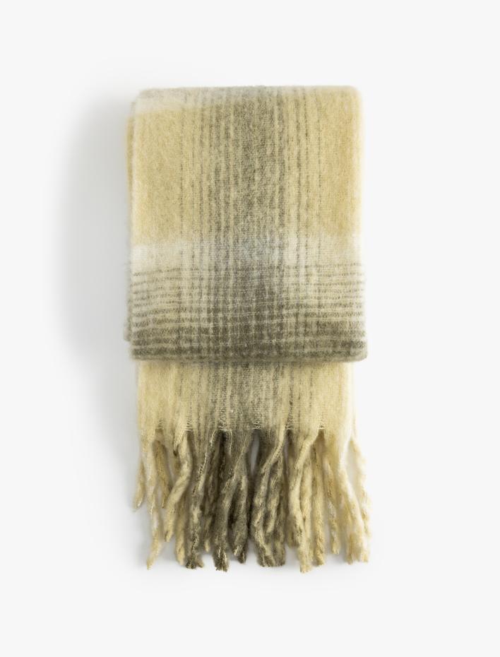 Kadın Uzun Atkı Ekoseli Yumuşak Dokulu Püsküllü