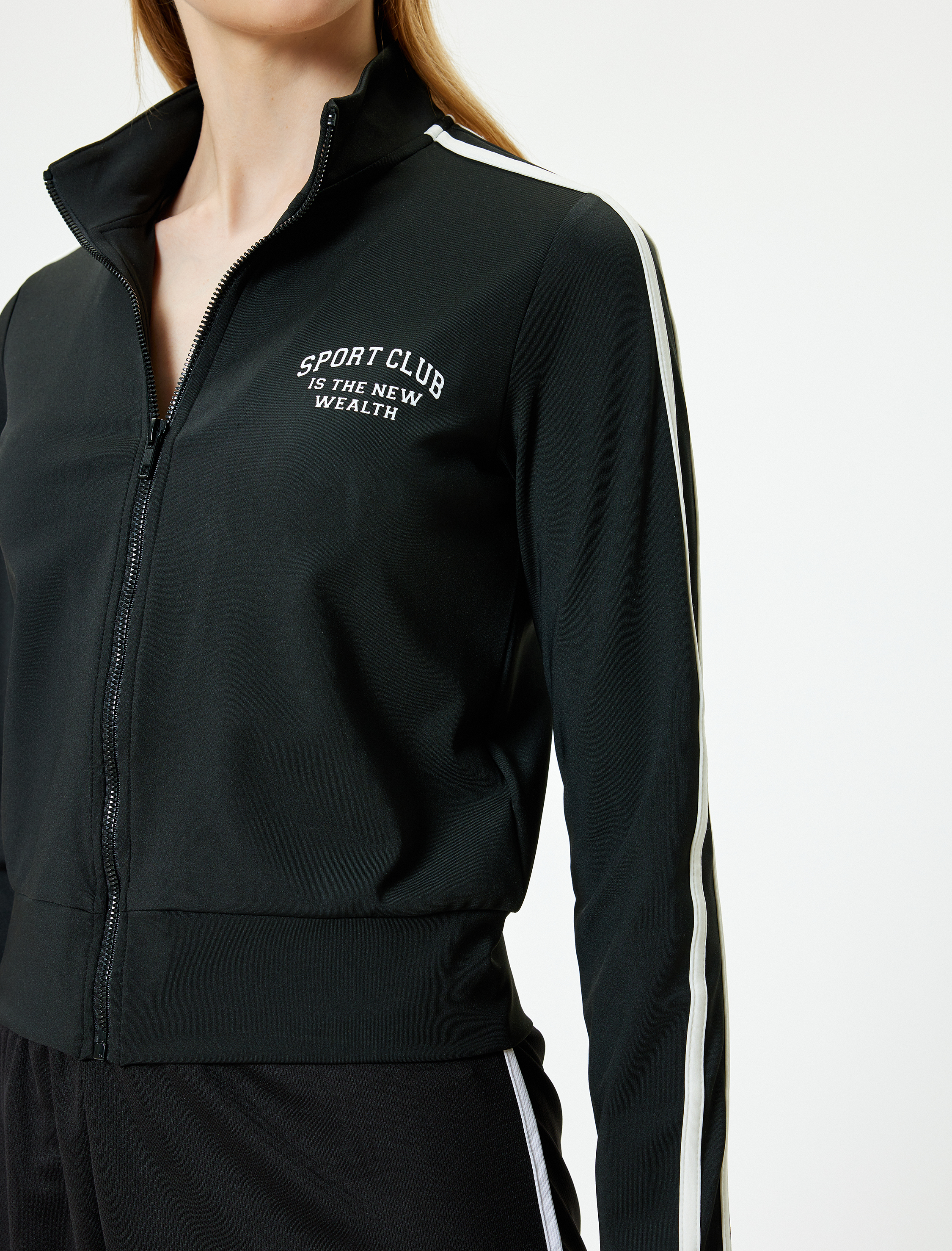   Fermuarlı Sweatshirt Baskılı Dik Yaka Biyeli Rahat Kalıp İnterlok