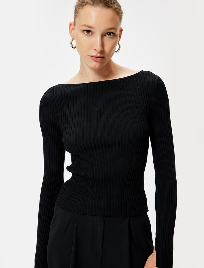  Kayık Yaka Triko Kazak Uzun Kollu Fitilli