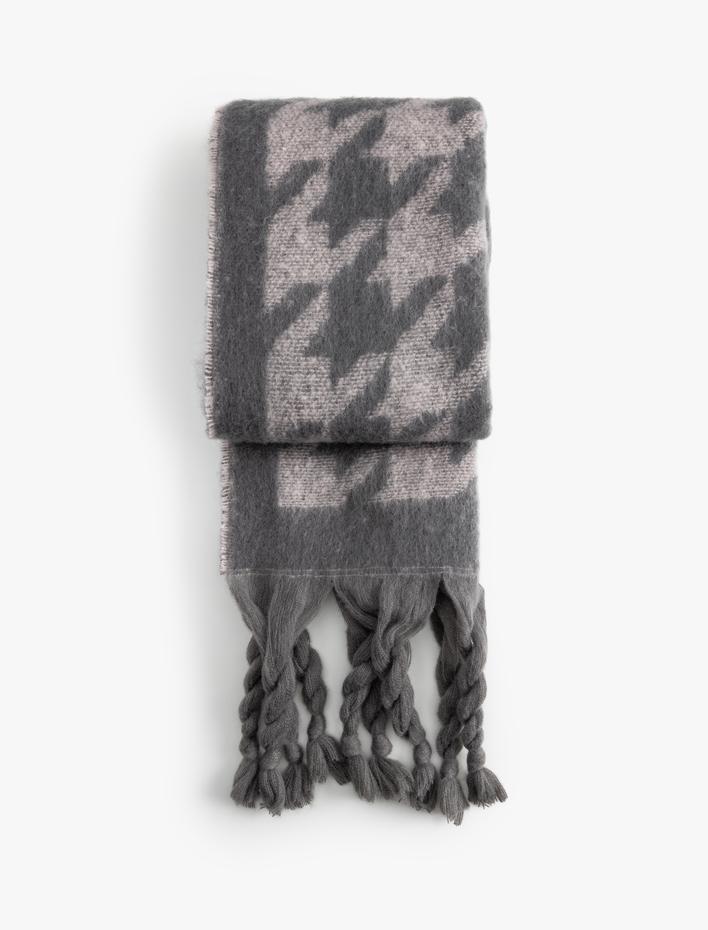 Kadın Uzun Atkı Kazayağı Detaylı Yumuşak Dokulu Püsküllü